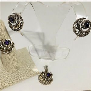 Turkish Handmade Jewelry 925 Sterling Silver Amethyst Stone CZ Set Ring Earrings